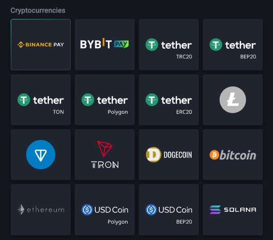 Pin Up crypto cashier close-up showing stablecoin and coin network choices including USDT TRC20 TON Polygon and Bitcoin