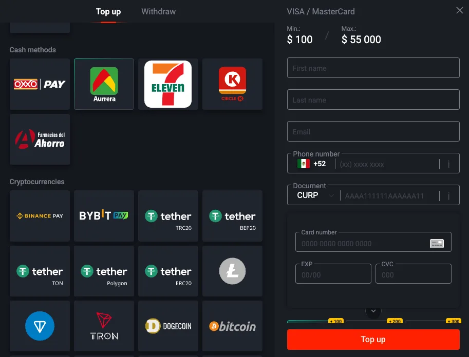Pin Up deposit methods cashier screen
