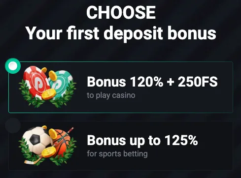 Pin Up first deposit bonus selection screen with casino and sports options