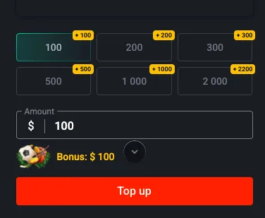 Pin Up deposit amount selector with small preset amounts and visible bonus line