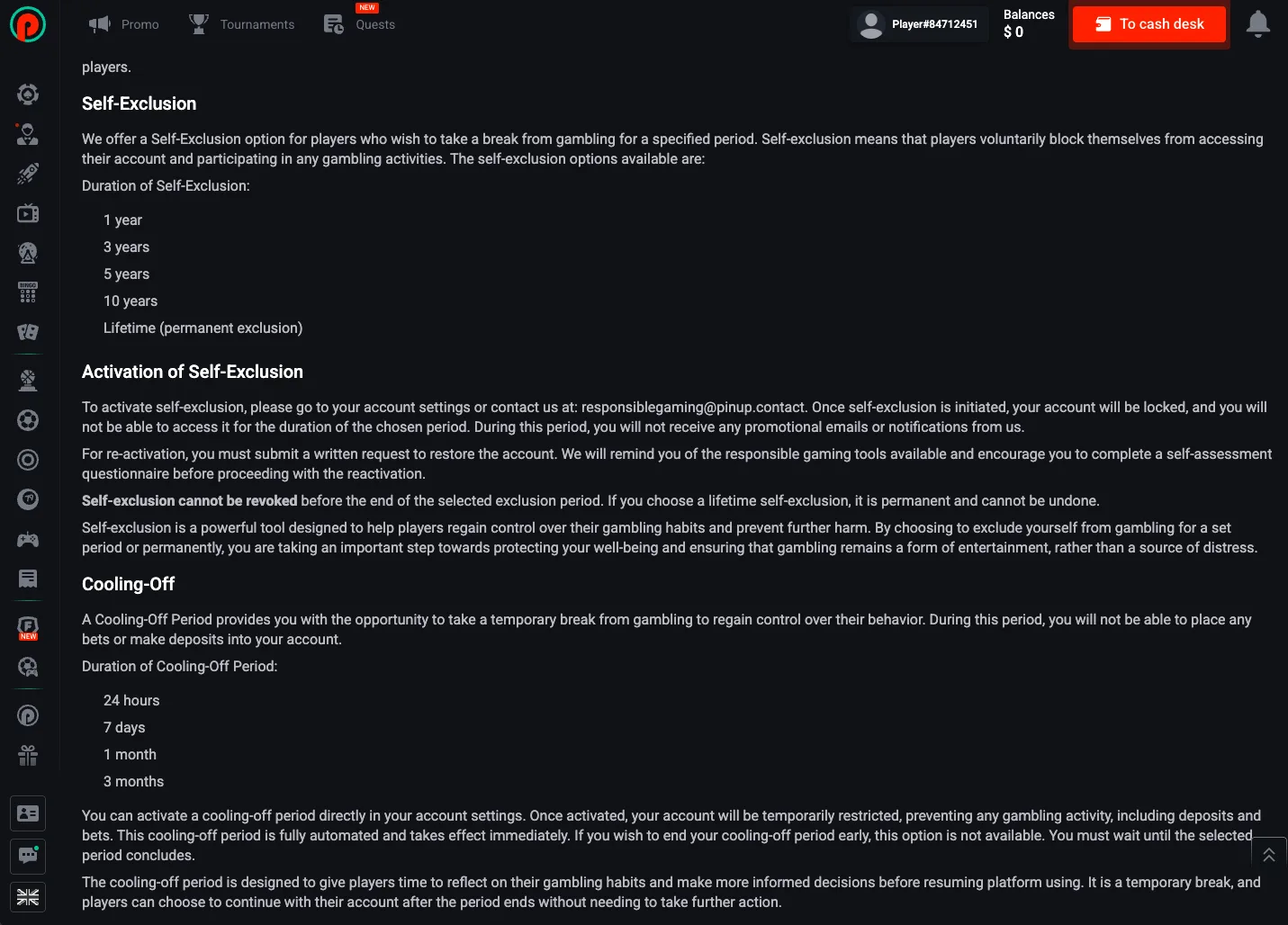 Pin Up self-exclusion and cooling-off settings screen for responsible gambling controls